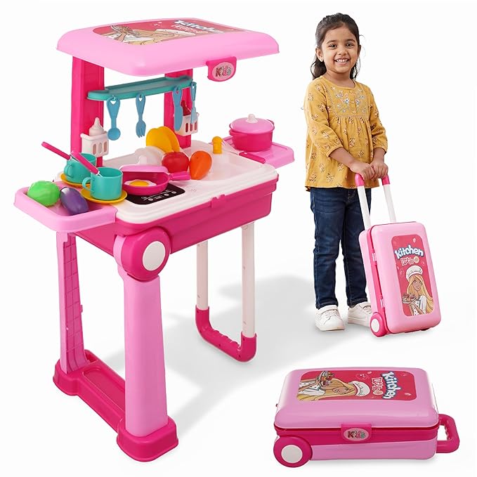 Lifelong Big Kitchen Play Set for Kids 3 - 8 Yrs | Light & Sound Portable Suitcase Toy Kitchen | 28 Pieces Pretend Cooking Accessories, Stove, Pots, Pans & Play Food |Playset for Girls (Pink, 39*20*12)