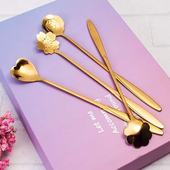 Golden Spoon Set/Coffee Spoon/Dessert Spoons/Cutlery Kitchen Tableware/Stainless Steel Gold Different Shape Coffee Spoons, Set of 4 Pcs,24 Centimeter