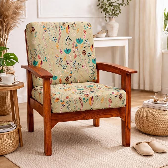 STITCHNEST 'Contour Fit Series' Stretchable Printed Wooden Sofa Cover (Pack of 2)  -  Elastic Wooden Chair Cover | Wooden Sofa Seat Cover | Size - 20-21 x 20-21 x 3-5 in