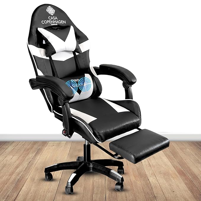 Casa Copenhagen Designed in Denmark,High-Back Italian Leather Gaming Ergonomic Chair with Advanced Mechanism & Electric Back Massager, Memory Foam Seating & Multi Function Arm-Rest - White & Black