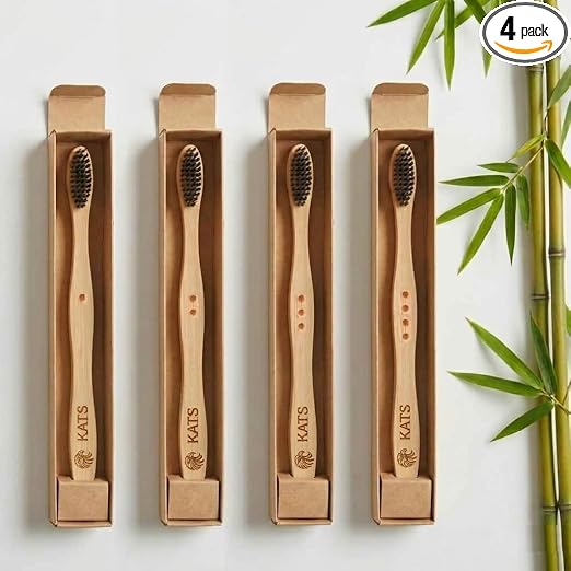 KATS Organic Bamboo Toothbrush for Adults (Pack of 4), Charcoal Activated Soft Bristles, Identification Marks, Biodegradable, Anti-Bacterial, Eco-friendly, Natural, Manual