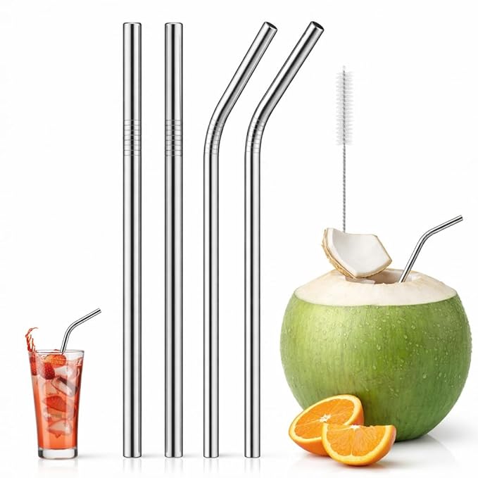 SHITHI Stainless Steel Reusable Metal Straws with Cleaning Brush, Drinking Straws for Juice, Smoothie & Milkshake, Silver (Pack of 4 (2 Straight + 2 Bent) with 1 Brush)