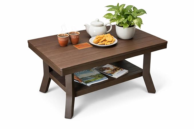 Foldable Plastic Center Table for Living Room | Coffee & Tea Table with Storage Shelf | Space Saving Multipurpose Table for Home & Outdoor | 82.5 cm x 52.5 cm x 42.5 cm | Dark Brown