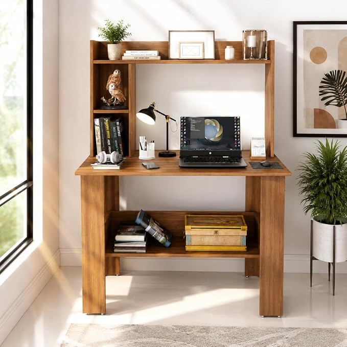 Spyder Craft Modern Daisy Engineered Wood Study Table with Storage Shelf | Clean Minimalist Computer Desk for Home, Office, & Bedroom | Durable & Easy to Clean (Wood Brown) (Assembly_DIY)