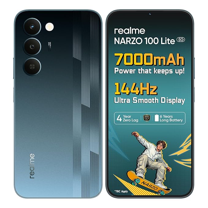 realme narzo 100 Lite 5G (Thunder Black,4GB+128GB) | 7000mAh Titan Battery | 4 Years, Zero Lag | 144 Hz Ultra Bright Display | 6 nm Octa-core 5G Chipset | Color Pop Design | VC Cooling