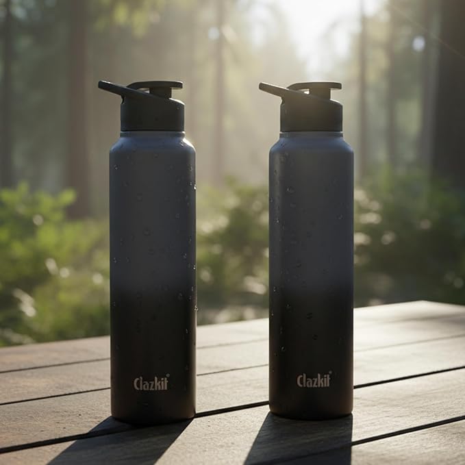 Clazkit Dual Colored Stainless Steel Water Bottle |ISI Certified Leakproof,Durable for School Kids, Fridge, Sports, Gym, Yoga & Office  -  Easy to Clean & Reusable-1000ml - Set of 2 -Black