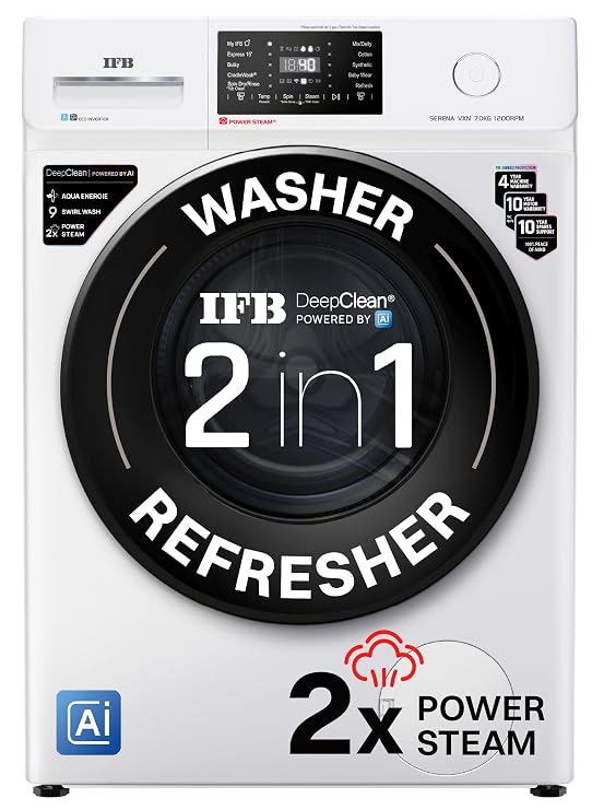 IFB 7 Kg 5 Star, 9 Swirl Wash, Steam Refresh, Eco Inverter Motor, WiFi Enabled, DeepClean® Ai Powered Fully Automatic Front Load Washing Machine(SERENA VXN 7012, 2X Power Steam®,Inbuilt Heater,White)