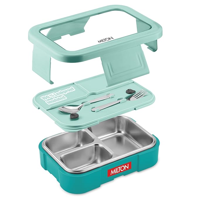 Milton Ethan 3 Inner Stainless Steel Tiffin Box for School, 3 Partition, Steam Release Plug | PU Insulated, Leak-Proof, Food Grade I Lunch Box for Kids Boys, Girls with Snap Lock Lid,600 ml,Aqua Green