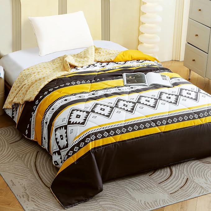 Ac Comforter Single Bed Boho with Satin Finish 240 GSM - Reversible AC Comforter -Black & Yellow, Aztec Comforter Quilt Duvet Dohar Blanket for Mild Summer 150 X 225 cm
