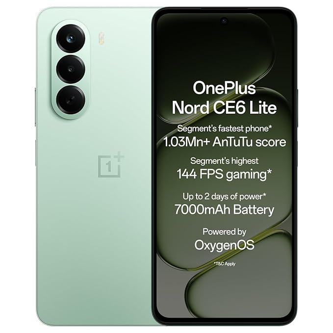 OnePlus Nord CE6 Lite | 8GB+128GB | Vivid Mint | Segment's Fastest Dimensity 7400 Apex Processor | 7000mAh Battery | Segment's Highest 144Hz Refresh Rate | 50MP Main Camera, 4K Video Recording