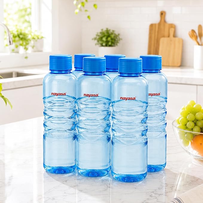 Nayasa Revello 1000 ML Pet Plastic Fridge Water Bottles Set of 6 | BPA Free | Leak Proof | Airtight Lid | Blue