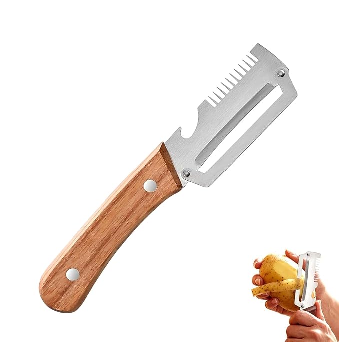 Multi-Functional Vegetable Peeler, 3 in 1 Multi Functional Wooden Handle Peeler and Bottle Opener, Kitchen Gadgets Tool for Fruit Pumpkin Peeling Potato Carrot Veggie Peeler