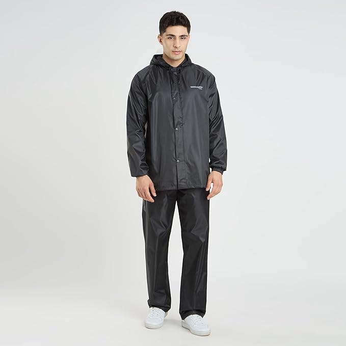 Water Fighter by ZEEL Rain Coat for Men with Adjustable Hood, Polyester Waterproof Full Sleeves, Top and Bottom Set Rainwear, Front Zip with Snap Button Flap (EWF311, Black, XXL)