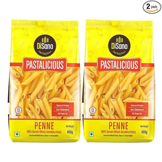 DiSano Penne Pasta 400 gm (Pack of 2), Healthy Pasta, Made with 100% Durum Wheat Semolina, 100% Suji, No Maida, Source of Protein & Fibre, Non-Sticky