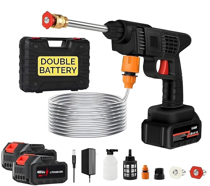 EasyAcc Cordless Portable Wireless Pressure Washer Gun, 48V, 12000mAh Double Battery, High Pressure, with Adjustable Nozzles and 5M Hose Pipe, for Car Wash and Bike Cleaning (Guner)