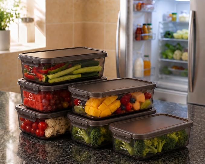 HomeWiz Fridge Storage Containers 1200ml x6 | Air Tight Storage Container Set | Fridge Organiser Storage Boxes |Food Grade BPA-Free Plastic Containers |Stackable, Transparent, for Fruits & Vegetables