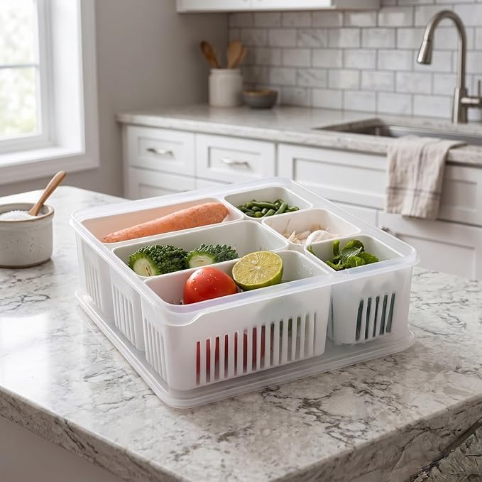 HomeWiz Fridge Storage Containers Large 6-Grid | Air Tight Storage Container Set | Fridge Organiser Storage Boxes | Food Grade BPA-Free Plastic Containers |Stackable & Transparent|Removable Mini Boxes