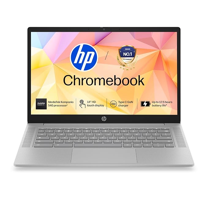 HP Chromebook 14, MediaTek Kompanio 540 (4GB LPDDR5, 128GB UFS) HD, Touch, Anti-Glare, Micro-Edge, 14''/35.6cm, ChromeOS, 100GB Google One(1yr),Modern gray,1.35kg, nm0006MU, HD Camera w/shutter Laptop
