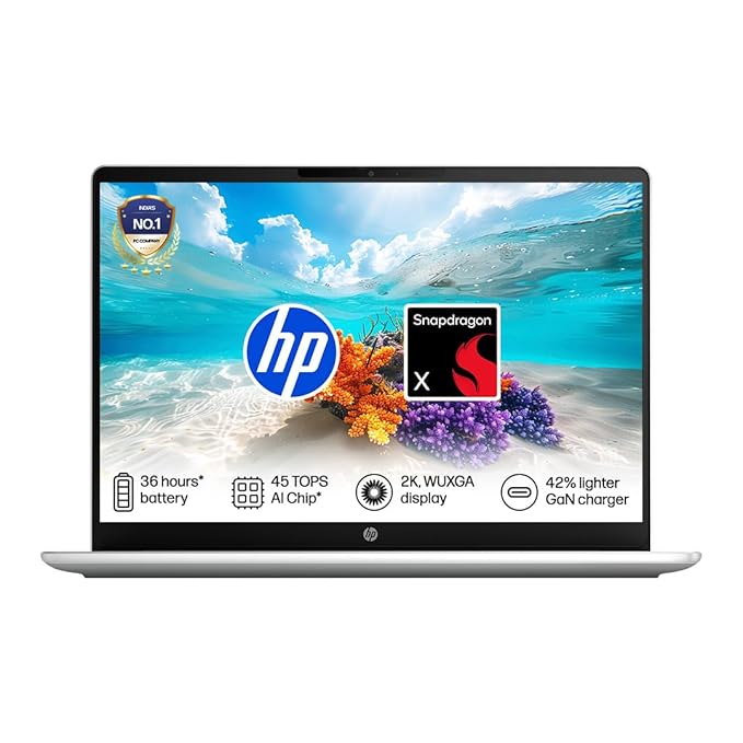 HP Omnibook 3, Snapdragon X Processor, 45 TOPS (16GB LPDDR5x, 512GB SSD) 2K, WUXGA, IPS, 14''/35.6cm, Win 11, Office 24, Silver, 1.4kg, hz0026QU, FHD IR Camera, 42% Lighter mini GaN Charger, AI Laptop