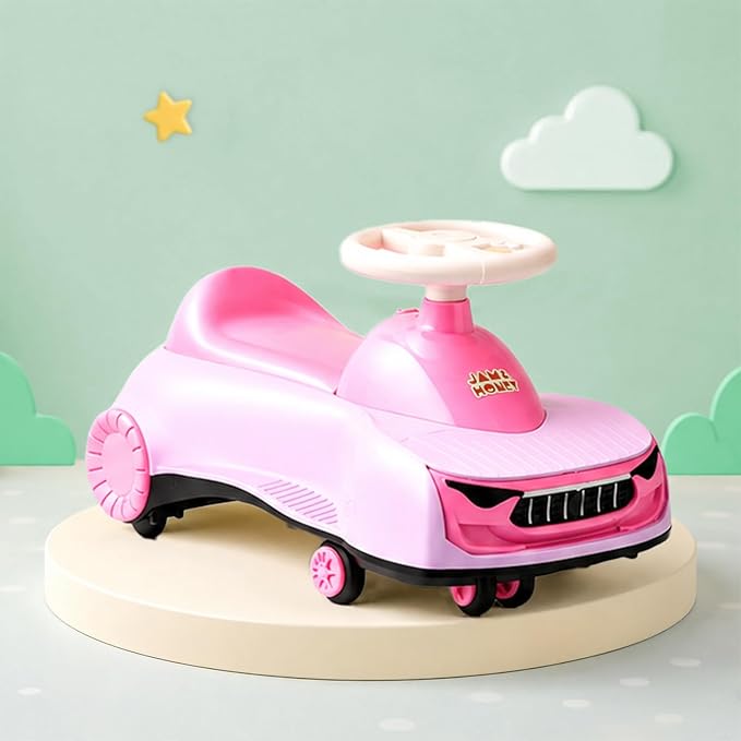 Amazon Brand - Jam & Honey Ride-On Swing Car for Kids 12+ Months| Premium Design with Stable Overhang Base | PU Wheels | Supports up to 100 kg | Indoor & Outdoor - Pink