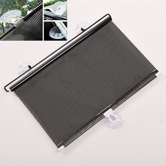 Retractable Window Sun Shade Roller Blind 125 x 50 cm with Suction Cup Mount - Black Mesh UV Protection Privacy Curtain for Car Windshield, Home, Office Windows Heat and Glare Reduction