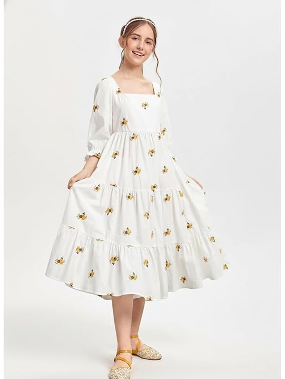 Girls White Floral Midi Dress, Square Neck Tiered A-Line Dress, Elegant Casual and Occasion Wear for Women