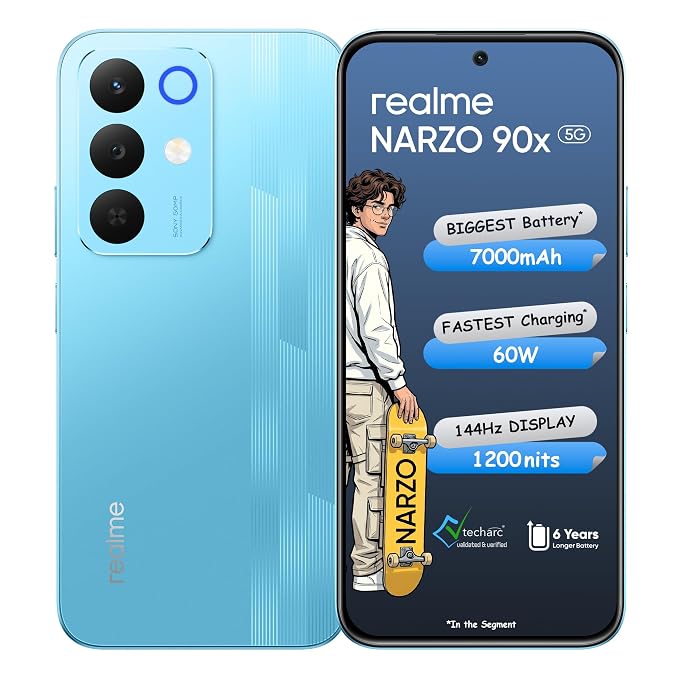 realme NARZO 90x 5G (Flash Blue 2026, 6GB+128GB) | 7000mAh + 60W Biggest Battery & Fastest Charging in the Segment* | 144Hz Bright Display | Sony 50MP AI Rear Camera | 400% Ultra Boom Speaker