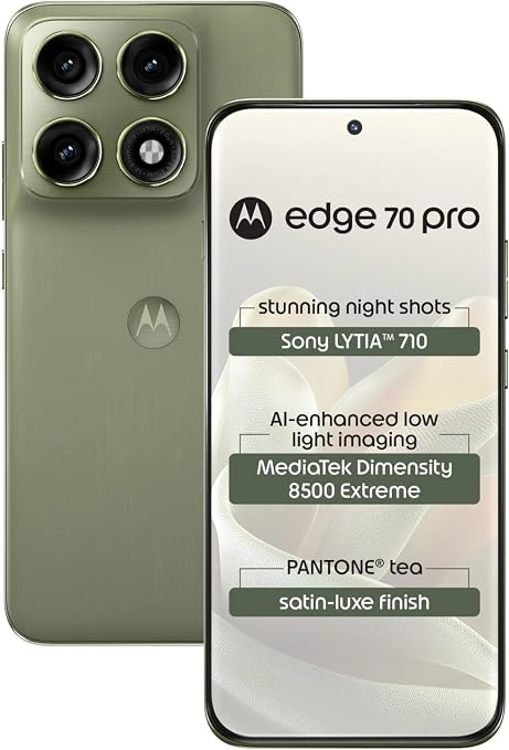 Motorola Edge 70 Pro (Satin-Luxe Pantone Tea Green, 8GB RAM, 256GB Storage) | Dimensity 8500 Extreme Processor | 50MP Dual Camera | 50MP Selfie | 6.8 FHD+ Display | 6500mAh Battery | 5G Smartphone