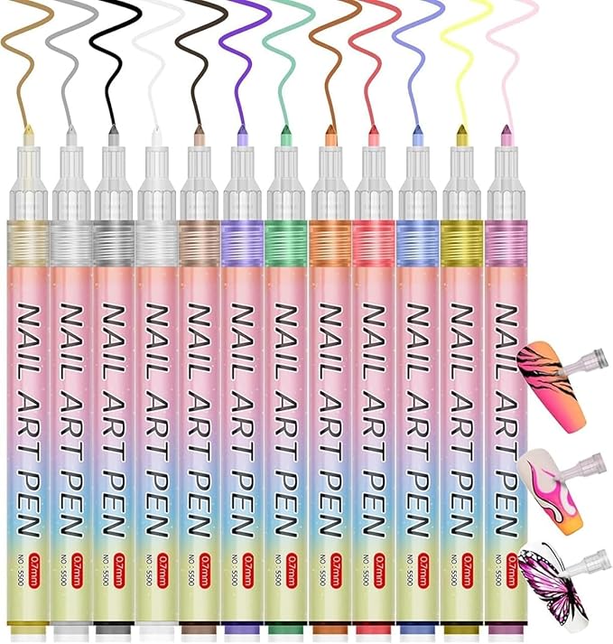 12 Colors Nail Art Pens Set 0.7 mm Ultra Fine Tip Nail Polish Marker Pens Quick Dry Waterproof DIY Nail Painting Kit for Women, Girls & Beginners