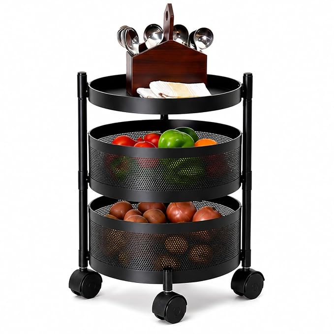 Homeor 2 Layer Kitchen Trolley with Wheels | 360° Rotating Metal Storage Rack for Vegetables, Fruits, Onion & Spices | Round Multipurpose Kitchen Organizer Stand | Metal Kitchen Trolley, Matte Black
