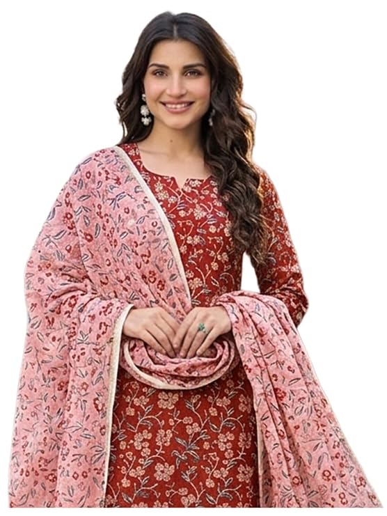 ANNI Designer Kurta Set Women Cotton Blend Printed | Kurti Set Woman | Kurta Pant Dupatta 3 Piece Outfit | Round Neck V-Slit 3/4 Sleeve Straight Fit Ethnic Wear Ladies Dress Stylish Clothing