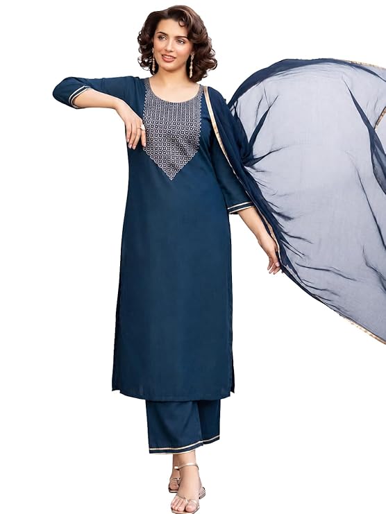 ANNI Designer Women's Ruby Cotton Embroidered Straight Solid Kurta with Palazzo and Dupatta Set | Elegant Ethnic Kurta Set for Women | Comfortable Traditional for Office, Daily and Festive Use