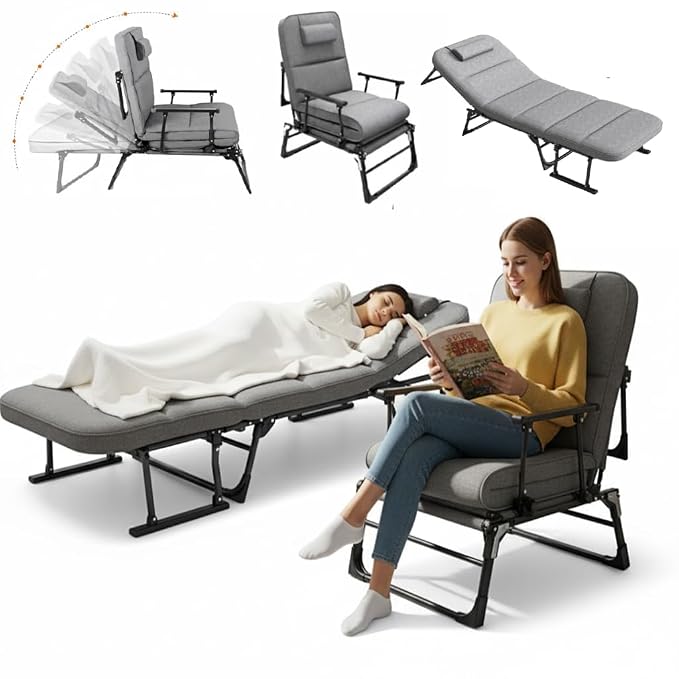Hukimoyo Folding Bed Single for Sleeping 6 in 1 Adults Foldable Portable Camping Cot with Adjustable Reclining Backrest Lounge Chair Recliner for Home Office Travel Balcony and Outdoor Use (200 kg)