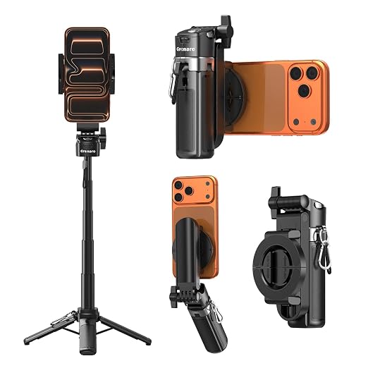 GRENARO Tripod Stand for Phone, Mini Selfie Stick Tripod with Magnetic & Clamp Holder, Up to 16.5in, 4-Leg Base, Lightweight & Portable, Detachable Bluetooth Remote for iPhone/Android Vlog/Photo