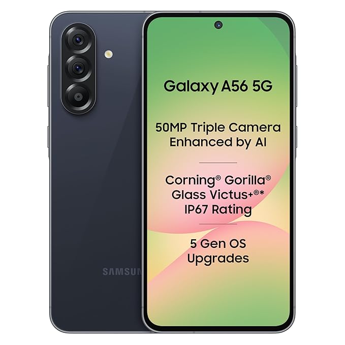 Samsung Galaxy A56 5G (Awesome Midnight Blue, 8GB, 128GB) | Metal Frame | Gemini Live | Awesome Intelligence (AI): Circle to Search, Instant Slo-Mo, Auto-Trim, Object Eraser | Flagship Grade Camera