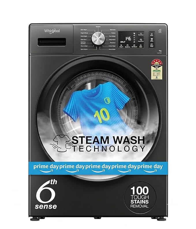 Whirlpool 9 Kg Steam Wash Technology 5 Star Inverter Front Load Fully Automatic Washing Machine with In-Built Heater (SUPREME CARE 9014-E, Midnight Grey, 100+ Tough Stains, 1400 RPM)