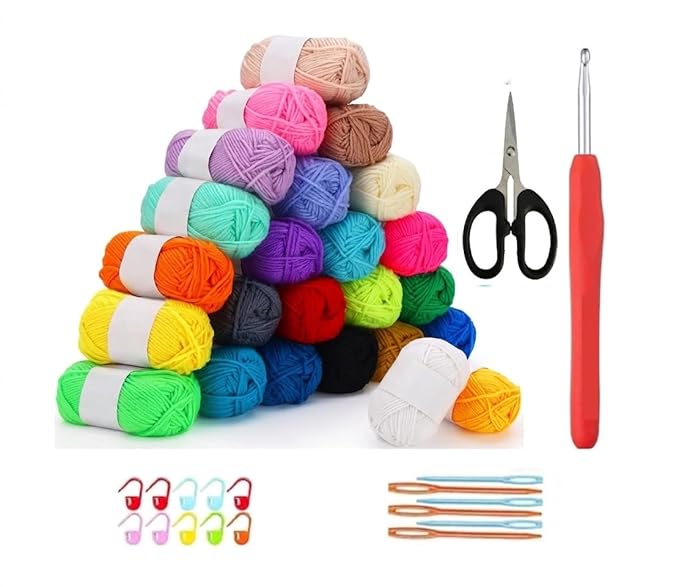 SHOP141 30 Pcs All in One Crochet Kit for Beginners Crochet Starter Set with Colorful Yarn Ideal for Kids & Adult (12 Pcs Random Color Wool Yarn 10 Stitch Markers 6 Needle 1 Crochet Hooks, 1 Scissor)