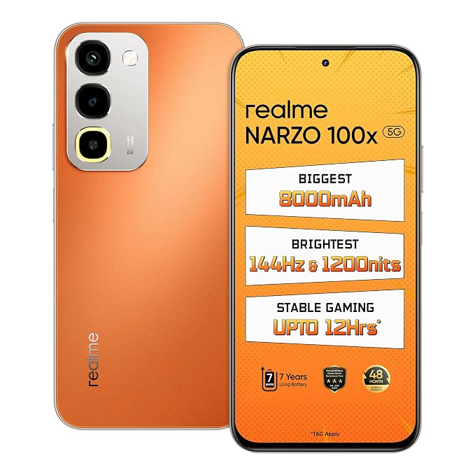 realme NARZO 100x 5G (Flash Orange,4GB+128GB) | Biggest 8000mAh Battery | 45W Fast Charge | 144Hz, 1200nits Bright Display | 7 Years Battery Health | Military-Grade Resistance | 48-Month Fluency