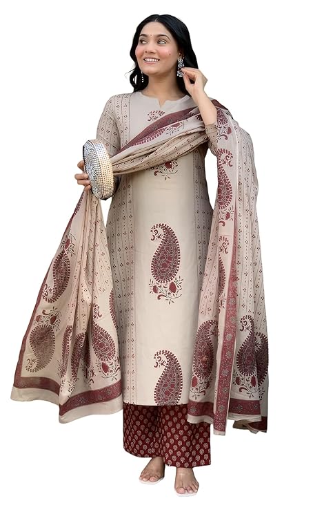 Nermosa Women's Pure Viscose Block Printed Ethnic Wear Straight Kurta Set with Palazzo Pants & Dupatta | Kurta Set for Women | 3 Piece Set