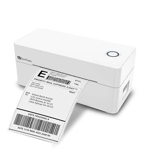 BonKaso BKT01 Thermal Label Printer 203DPI Direct Thermal Shipping Bill Printer 160mm/s High Speed USB Bluetooth WiFi Compatible for Barcode Label Receipt Tag Paper Small Business White