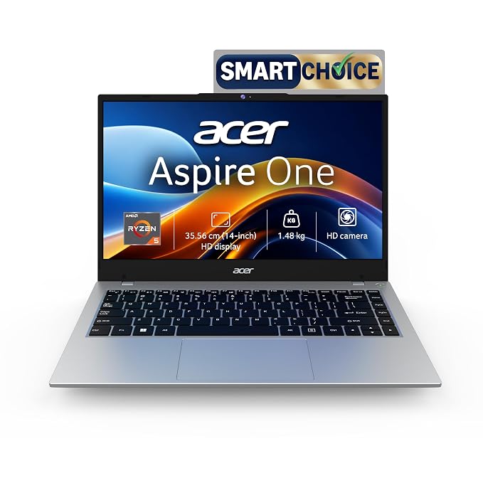 Acer Smartchoice Aspire One, AMD Ryzen 5-40,Office 2024 + M365 Basic, 8GB LPDDR5 RAM/ 512GB SSD, 14.0"/35.56cm WXGA Display, Win 11 Home, Pure Silver, 1.48KG, A114-43, Thin and Light Laptop