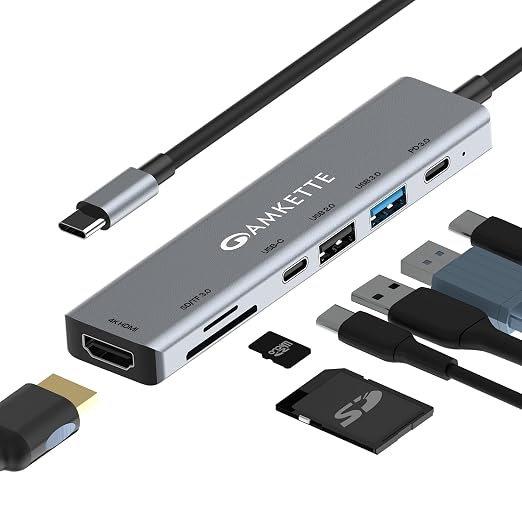 Amkette 7-in-1 Type C Hub/Docking Station for Laptop, USB hub Type c with 100W Power Delivery, 4K HDMI Output, USB 3.0, USB 2.0, SD/TF Card Reader, USB c hub for MacBook, Windows Laptops