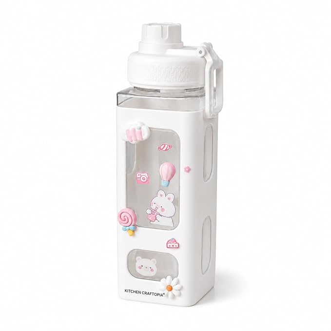 Kawaii Water Bottle for Girls with Straw & Movable Handle | Leak-Proof BPA-Free Cute Plastic Bottle with 2D & 3D Stickers | Stylish School & Travel Bottle for Kids (750 ml) (White)