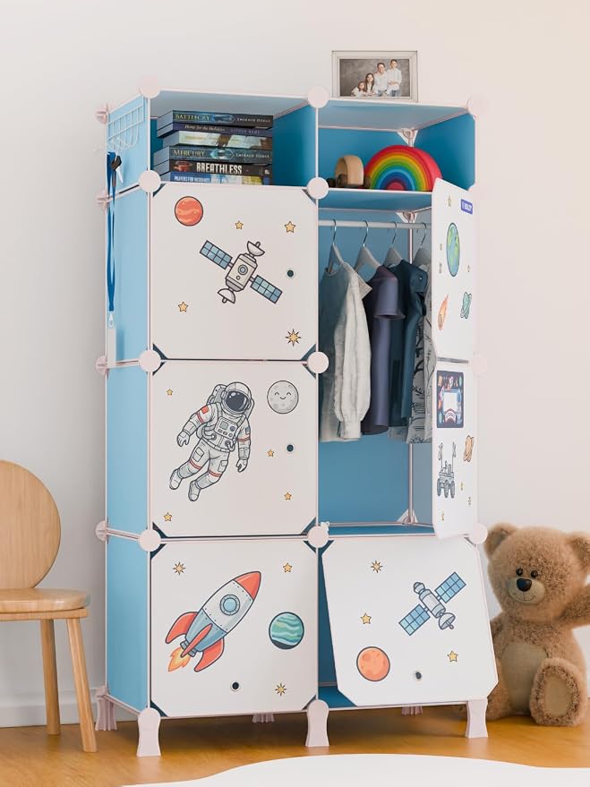 BOXJOY Plastic Kids Wardrobe with 6 Doors, Sticker Sheet & 5 Hook Holder
