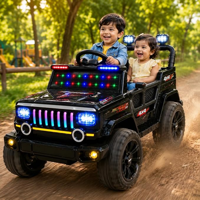 Lifelong Jeepster EV Car for Kids | Big Electric Car with Music & LED Lights | Dual Motor, 12V Rechargeable Battery | Parental Control, Foot Accelerator Electric Ride On Car for Kids 2-8 Yrs (Black)