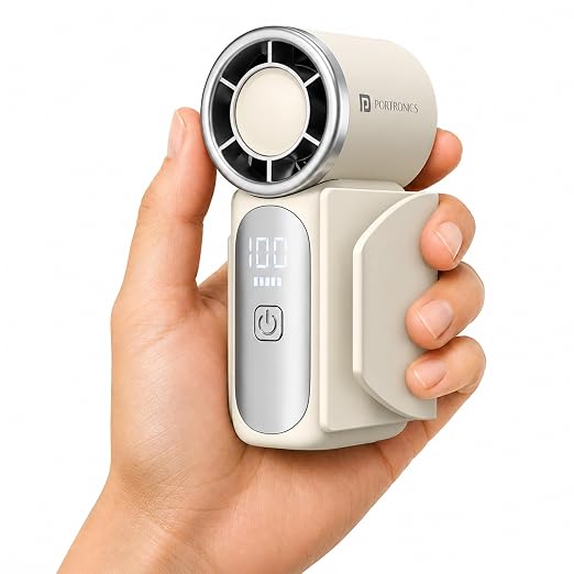 Portronics Toofan Nano Rechargeable Handheld Mini Fan, 3000mAh Battery, 18000 RPM High-Speed Airflow, BLDC Motor, 5 Speed Modes, LED Display, Type-C Fast Charging, For Travel, Office, Makeup & Outdoor