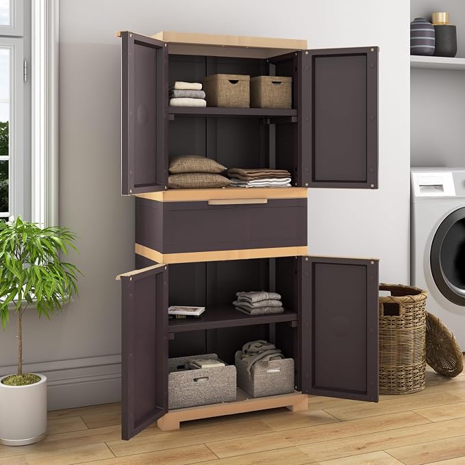 Nilkamal Freedom FMDR1CE Plastic Wardrobe for Storage|3-Year Warranty |Clothes Cupboard with Shelves & Utility Drawer |Almirah for Home, Living Room, Bed Room| Adults & Kids|Weather Brown/Biscuit