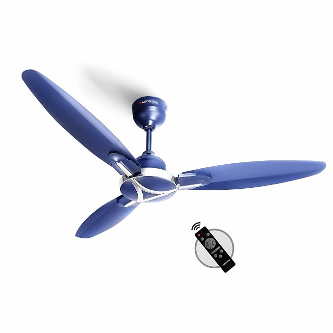 LONGWAY Zephyr 1200 mm BLDC Ceiling Fan with Remote Control | BEE 5 Star Rated Energy Efficient | Ultra High Speed 3 Blade Anti-Dust Decorative Ceiling Fan | 3 Years Warranty (Silver Blue, Pack of 1)
