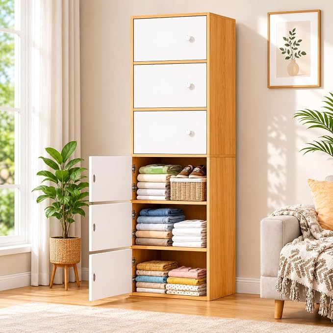 6-Door Morden Wooden Collapsible Wardrobe for Storage/Space Saving Wooden Wardrobe with Doors/Collpsible Storage Organiser/Living Room (Maple, 6-Layer)