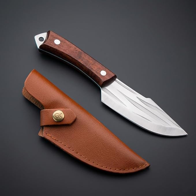 Chef Knife with Leather Sheath, Full Tang Kitchen Knife with Ergonomic Wooden Handle, Multipurpose Stainless Steel Blade for Cutting Meat, Vegetables, Fruits (Kitchen Knife)